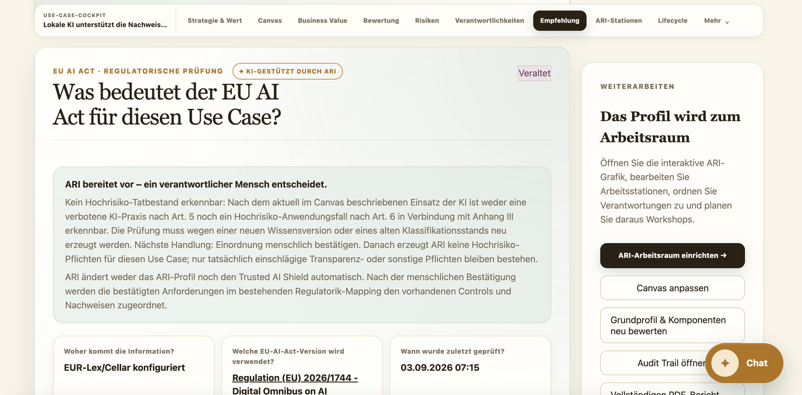 Bildschirmausschnitt aus ARI zur EU-AI-Act-Einordnung