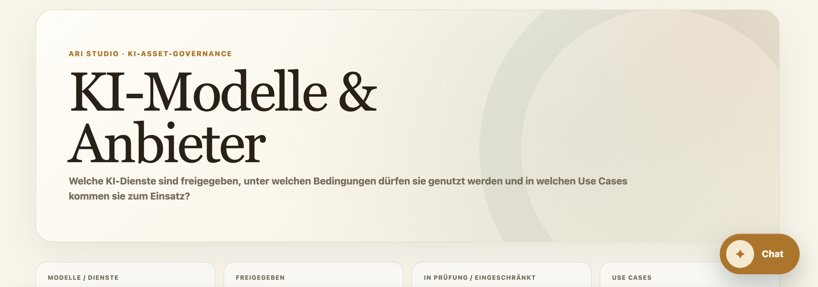 Echter Bildschirmausschnitt aus ARI Studio: freigegebene KI-Modelle und Anbieter