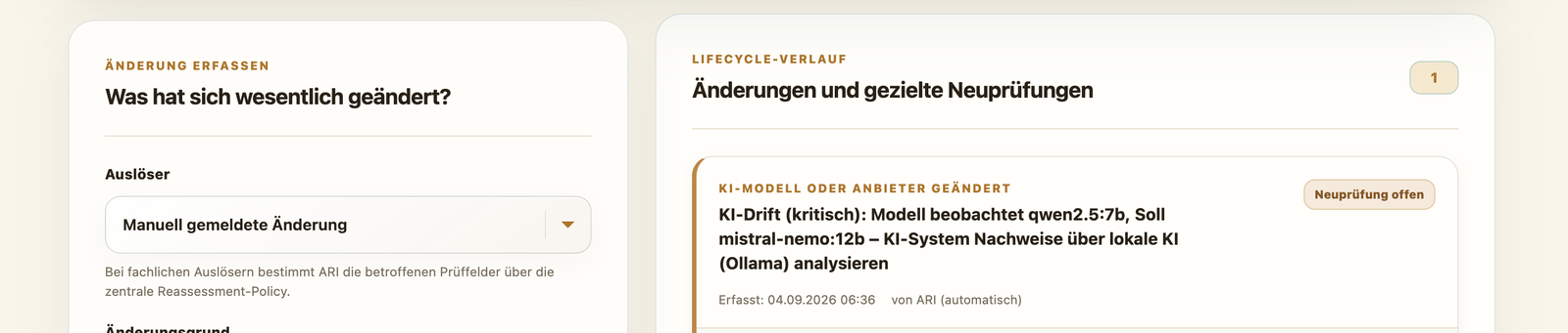 Echter Bildschirmausschnitt aus ARI Studio: Lifecycle-Verlauf mit gezielten Neuprüfungen