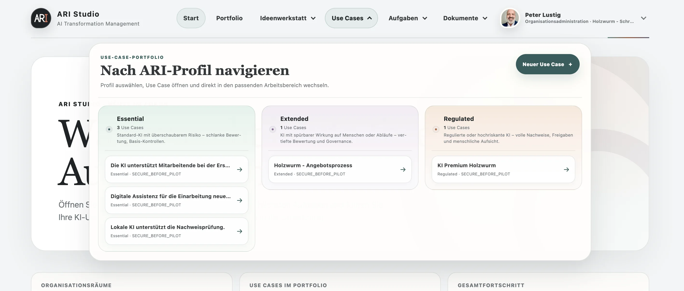 ARI-Portfolio mit Navigation nach Essential, Extended und Regulated
