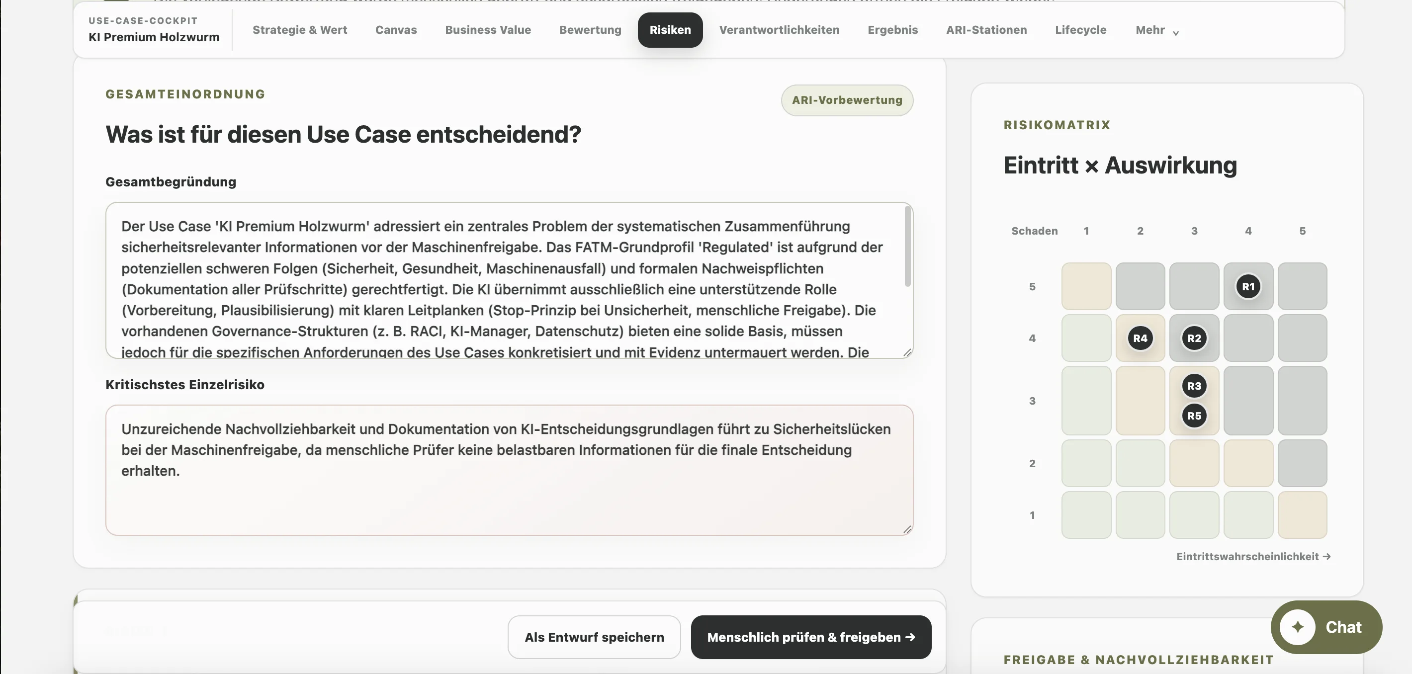 ARI-Risikobewertung mit Gesamtbegründung und Risikomatrix
