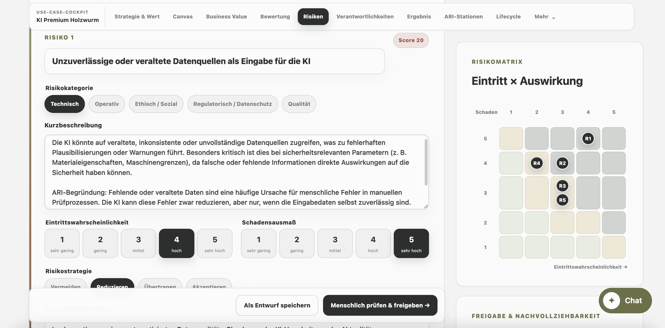 ARI-Risikodetail mit Bewertung, Maßnahmen und menschlicher Freigabe