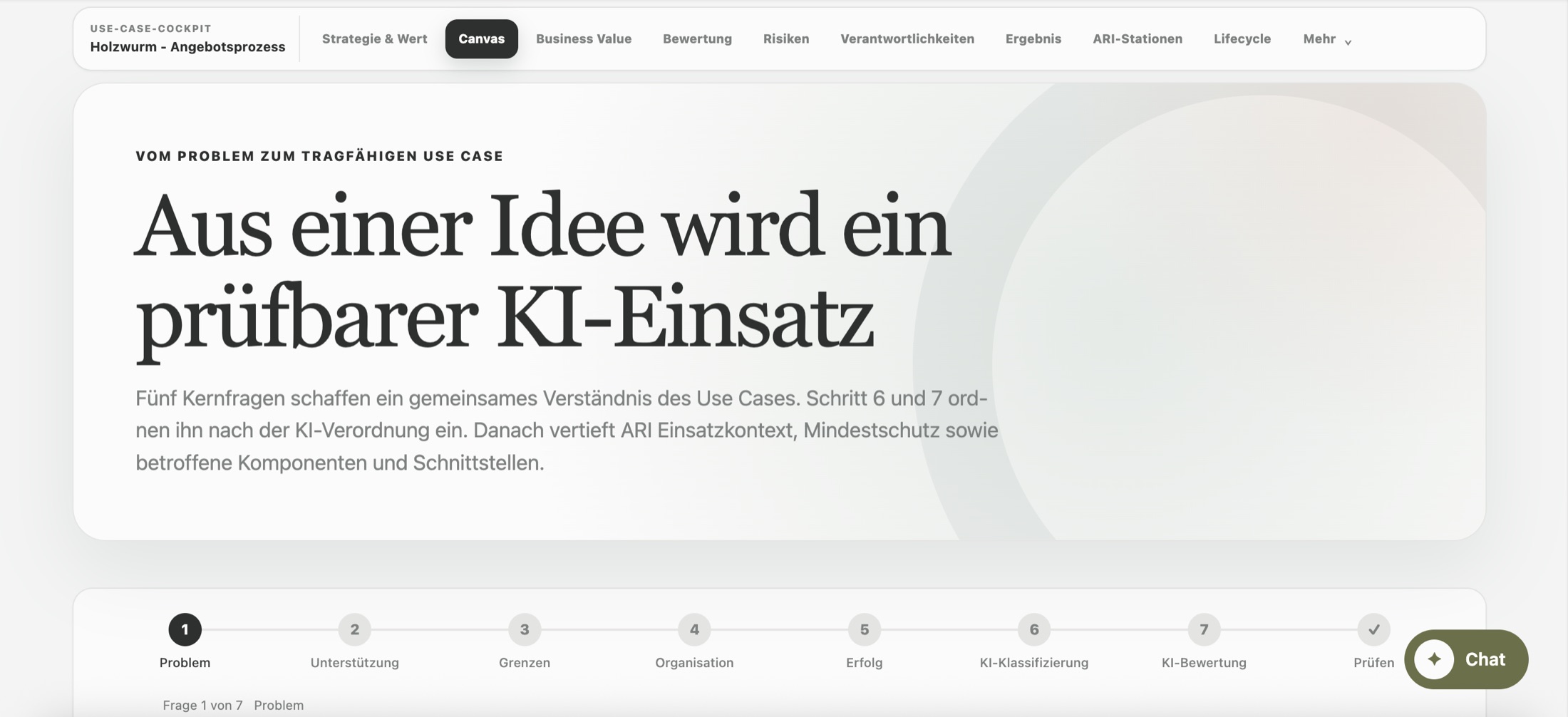 ARI zeigt den Canvas eines KI-Use-Cases mit Leitfragen und Prüfschritten